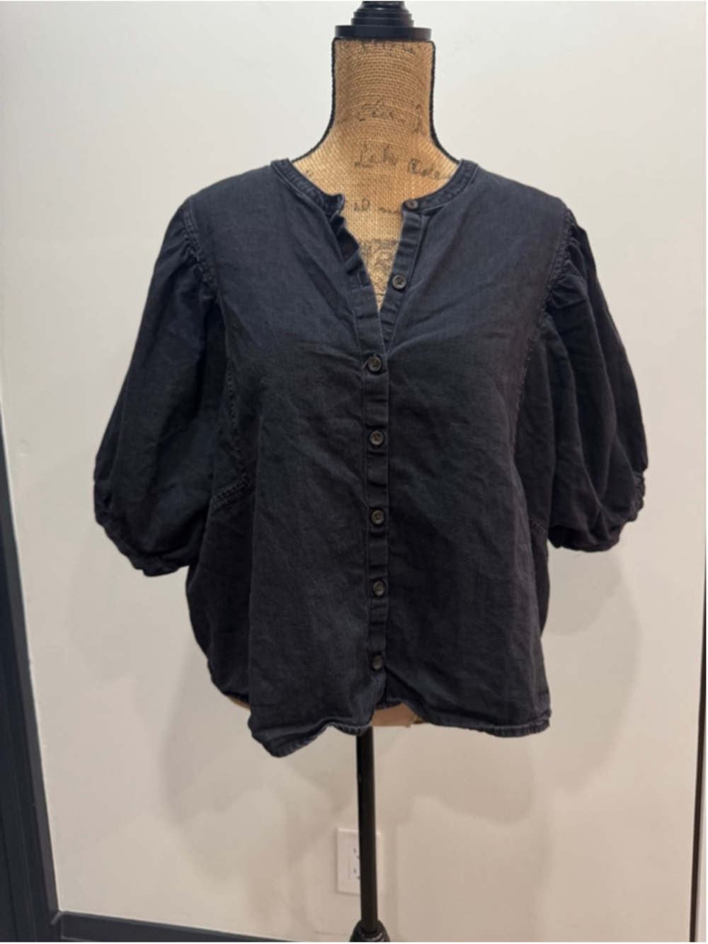 Old Navy Black Button Down Denim Puff Sleeve Shirt Plus Size XXL Boho Relaxed